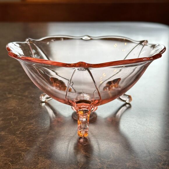Rare Vintage Pink Depression Lancaster Jubilee 3 Footed bowl 3"H x 6.25”W - Picture 3 of 6